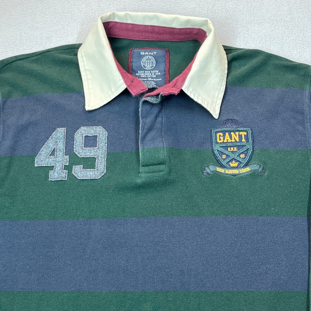 Gant New Haven Rugby Shirt Mens 2XL Green Navy Blue Striped Long Sleeve Crest 49